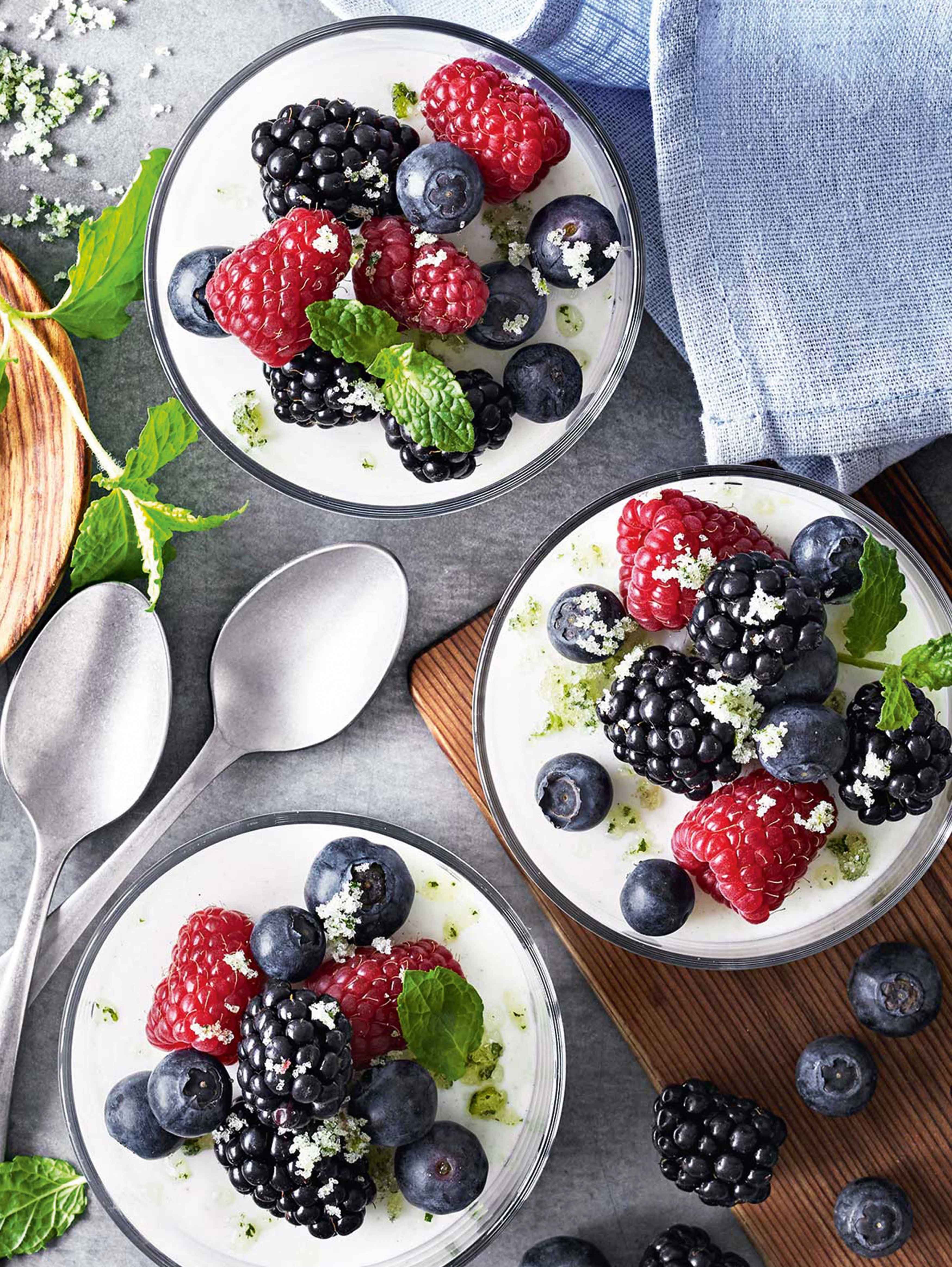 Yogurt mousse, berries and mint sugar recipe | Sainsbury`s Magazine