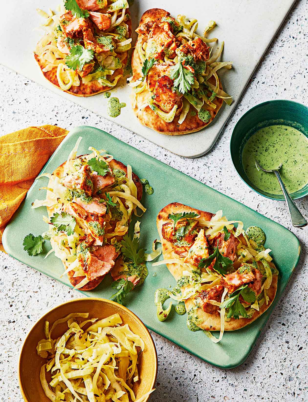 Flatbreads with spiced salmon and zesty slaw recipe | Sainsbury`s Magazine