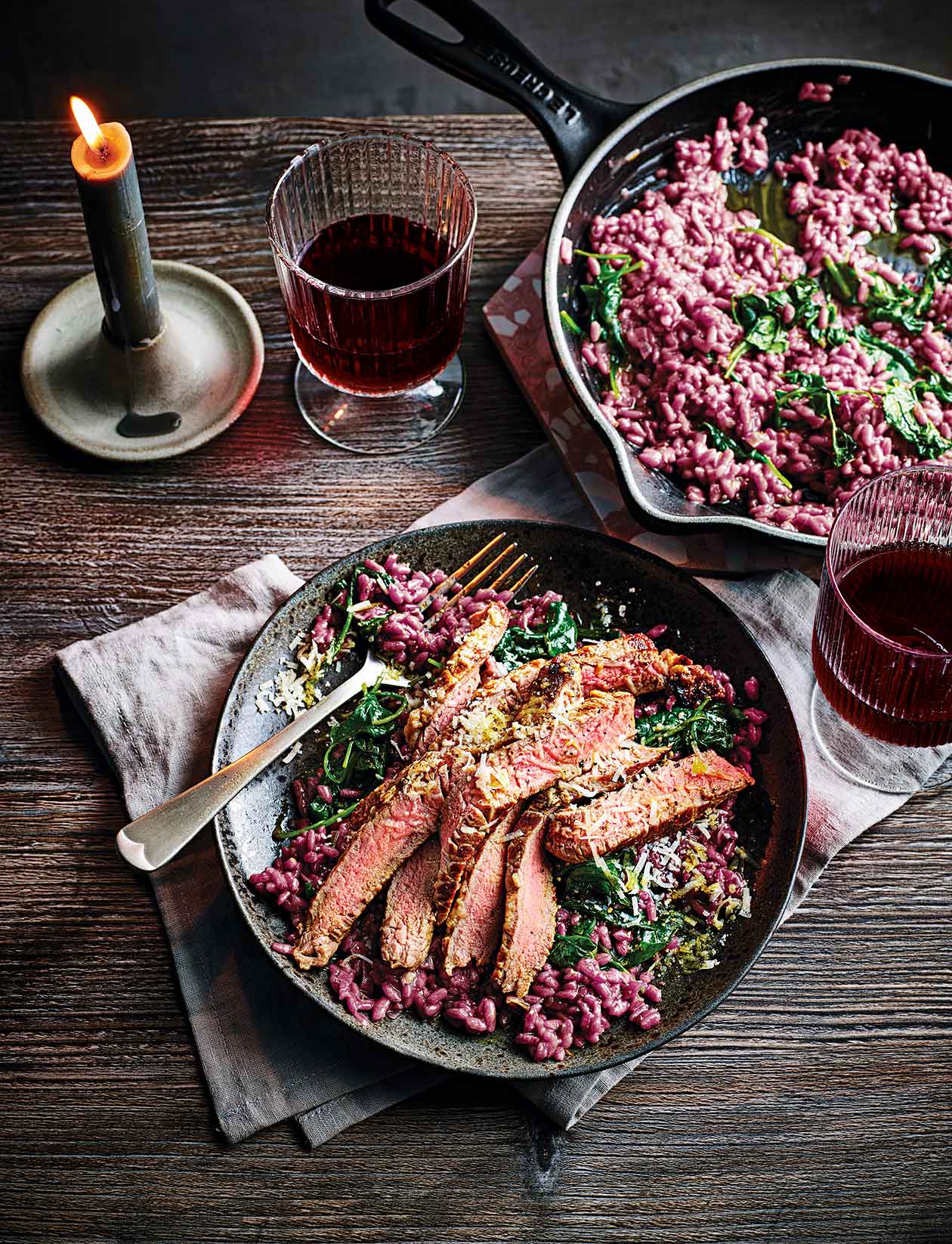 Seared horseradish steak with red wine and rosemary risotto recipe | Sainsbury`s Magazine