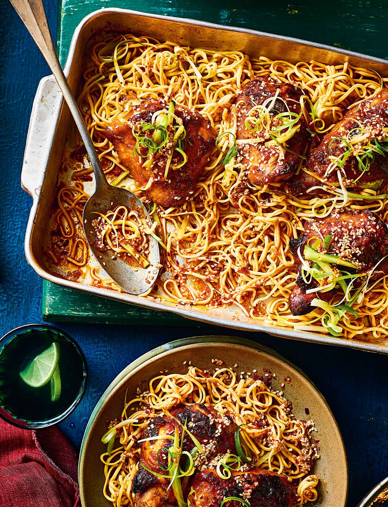 Gochujang chicken thighs with a spring onion and sesame salad