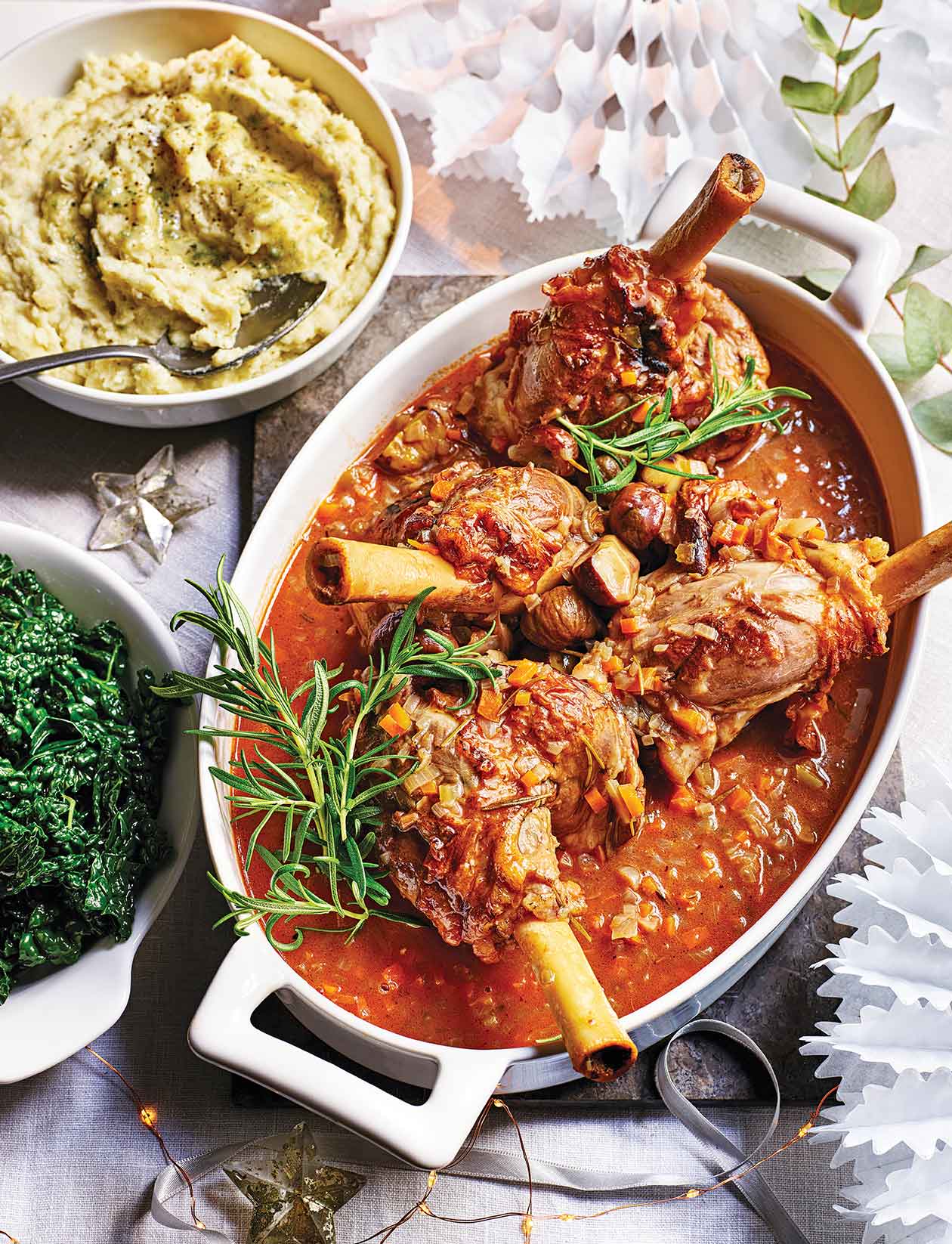 Port and chestnut braised lamb shanks with parsnip and stilton purée recipe | Sainsbury`s Magazine