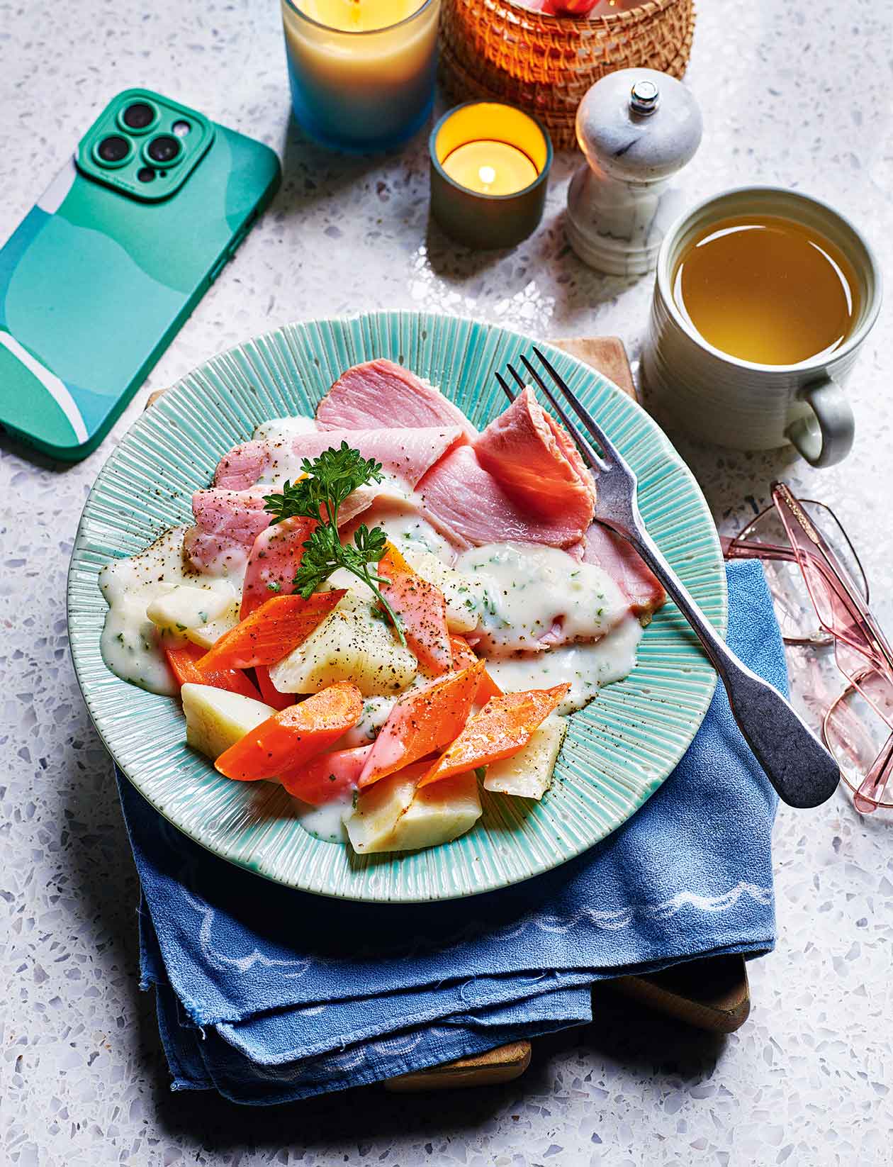Slow-cooker ham with parsley sauce and vegetables recipe | Sainsbury`s Magazine