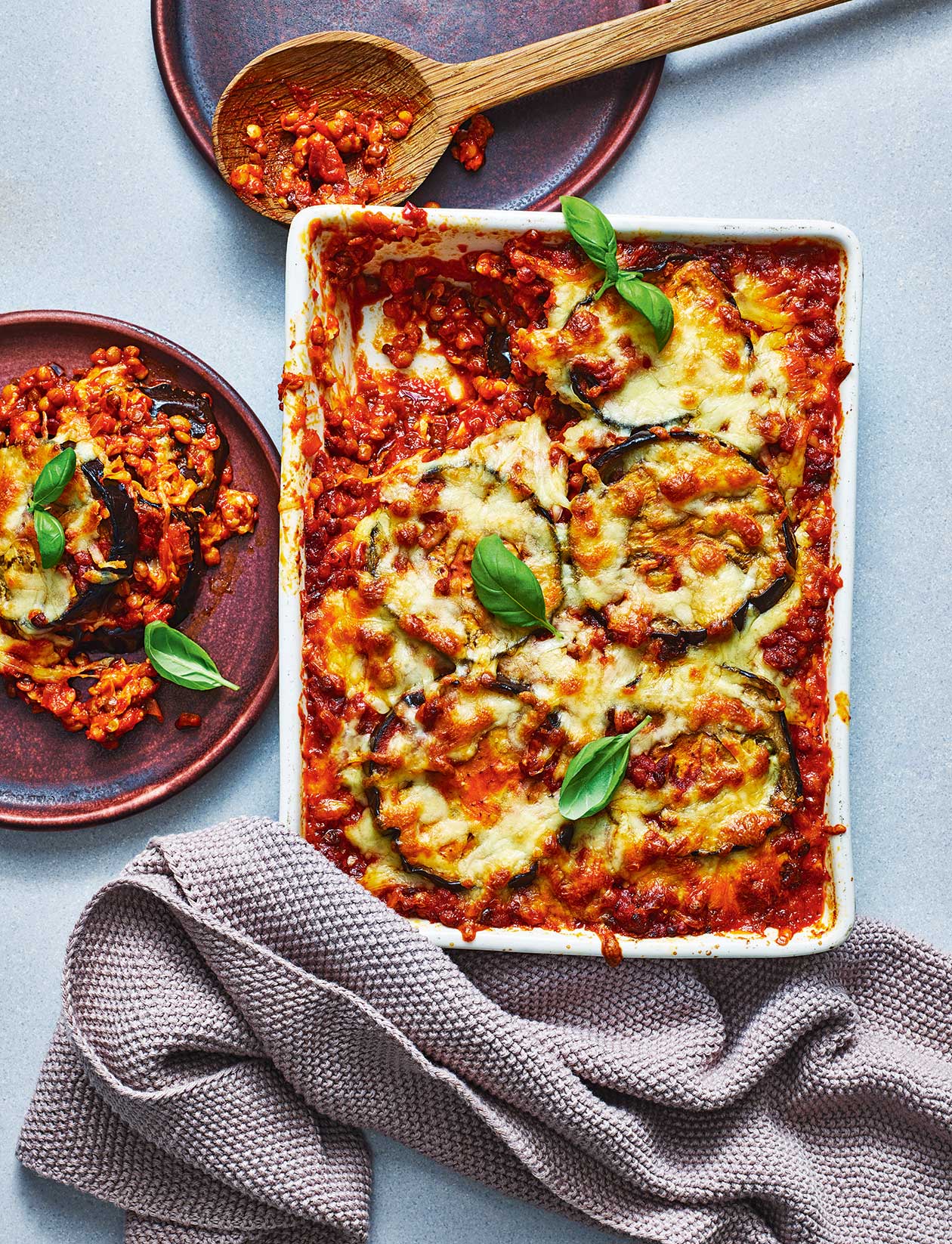 Cheesy aubergine and lentil bake recipe | Sainsbury`s Magazine