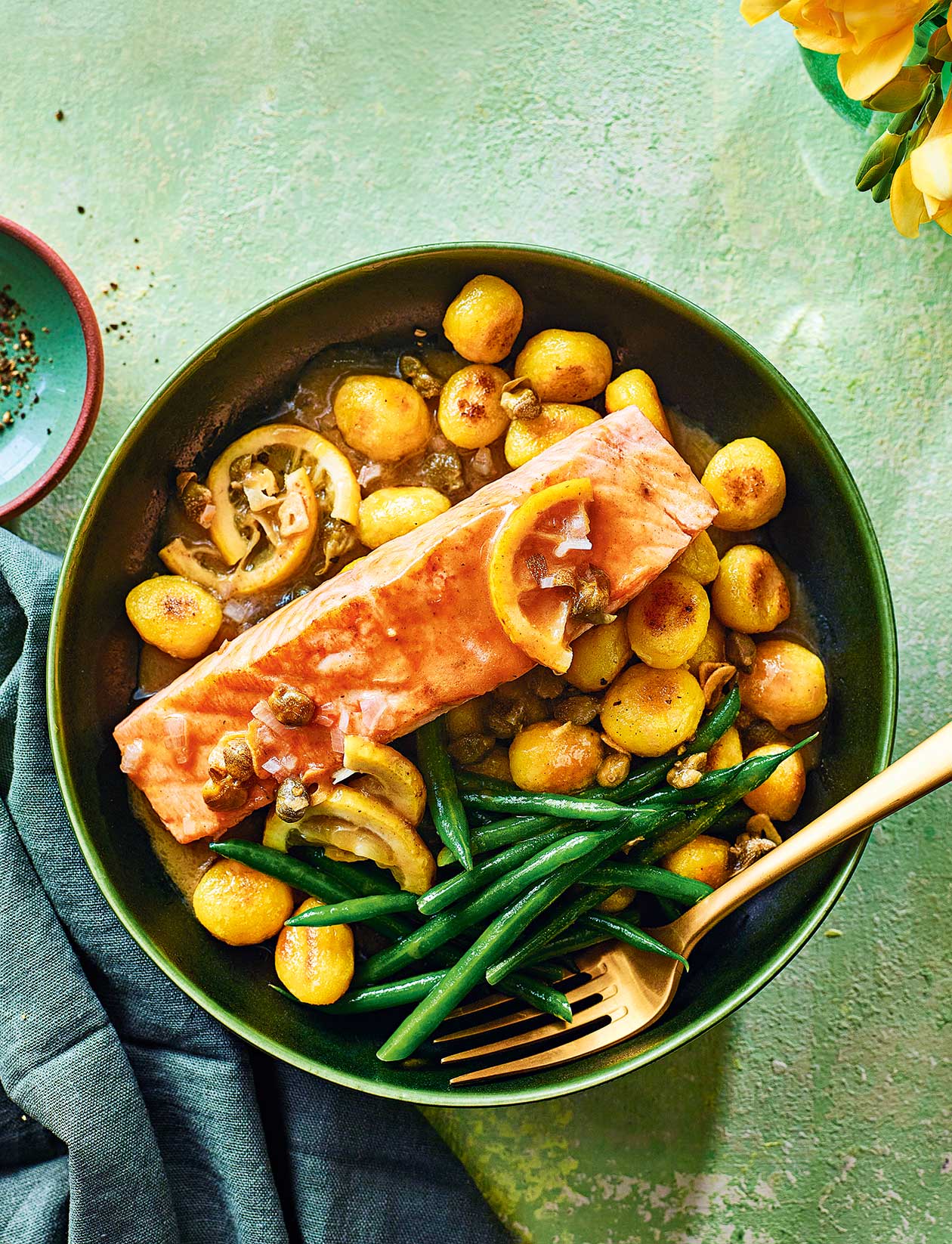 Salmon piccata with crispy gnocchi recipe | Sainsbury`s Magazine