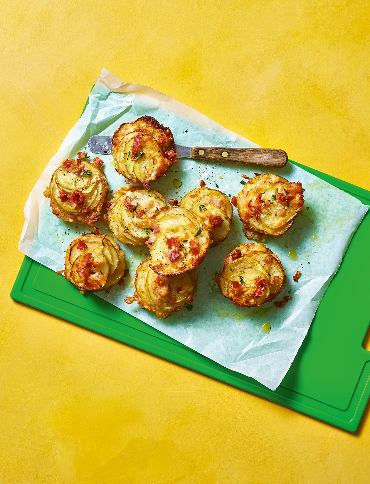 Potato, pancetta and pecorino muffin-tin stacks recipe | Sainsbury`s Magazine