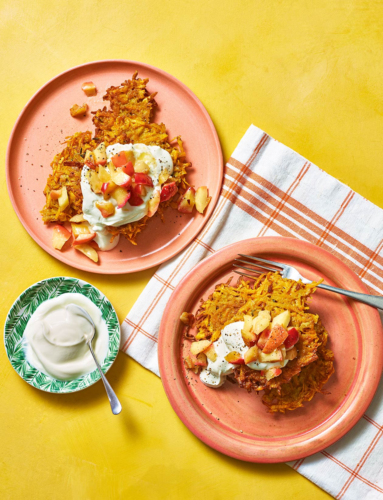 Sweet potato latkes with honey butter apples and soured cream recipe | Sainsbury`s Magazine