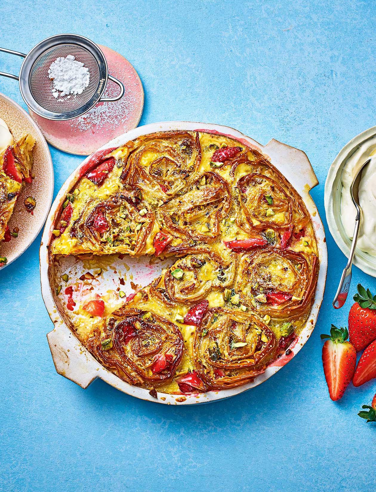 Strawberry and pistachio ruffle pie recipe | Sainsbury`s Magazine
