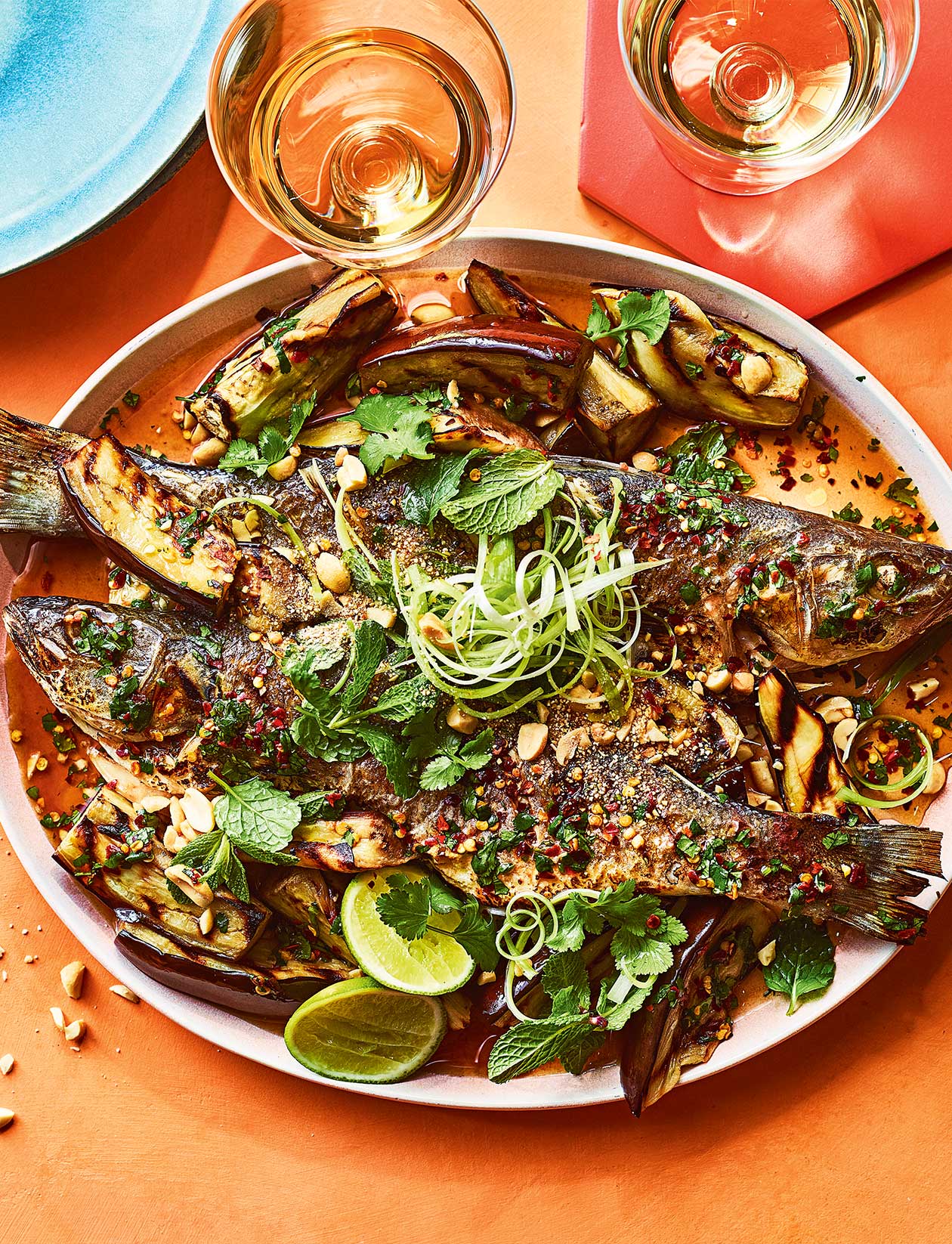 Thai-style grilled sea bass and aubergine recipe | Sainsbury`s Magazine
