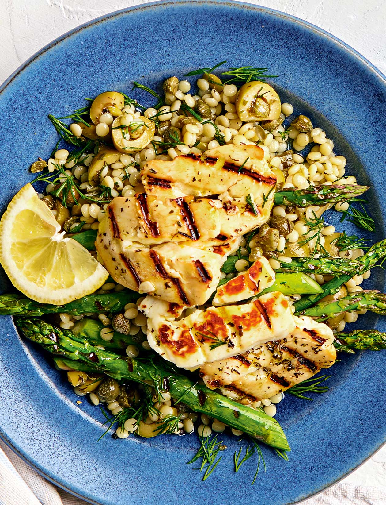 Grilled halloumi and asparagus couscous salad recipe | Sainsbury`s Magazine