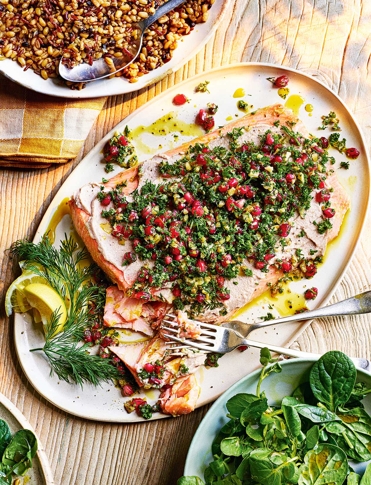 Olive-oil-baked salmon with walnut tarator recipe | Sainsbury`s Magazine