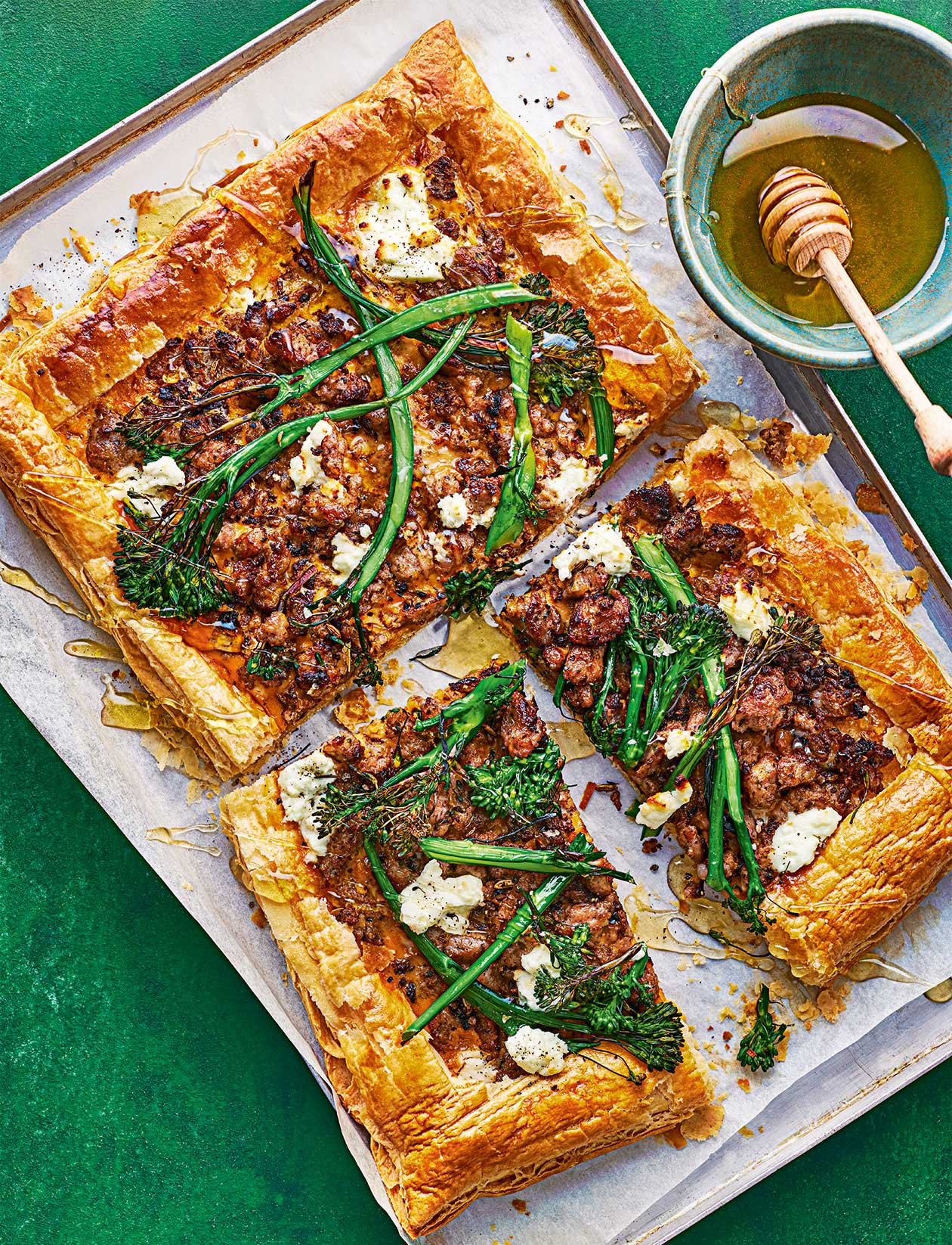 Sausage and broccoli traybake tart recipe | Sainsbury`s Magazine