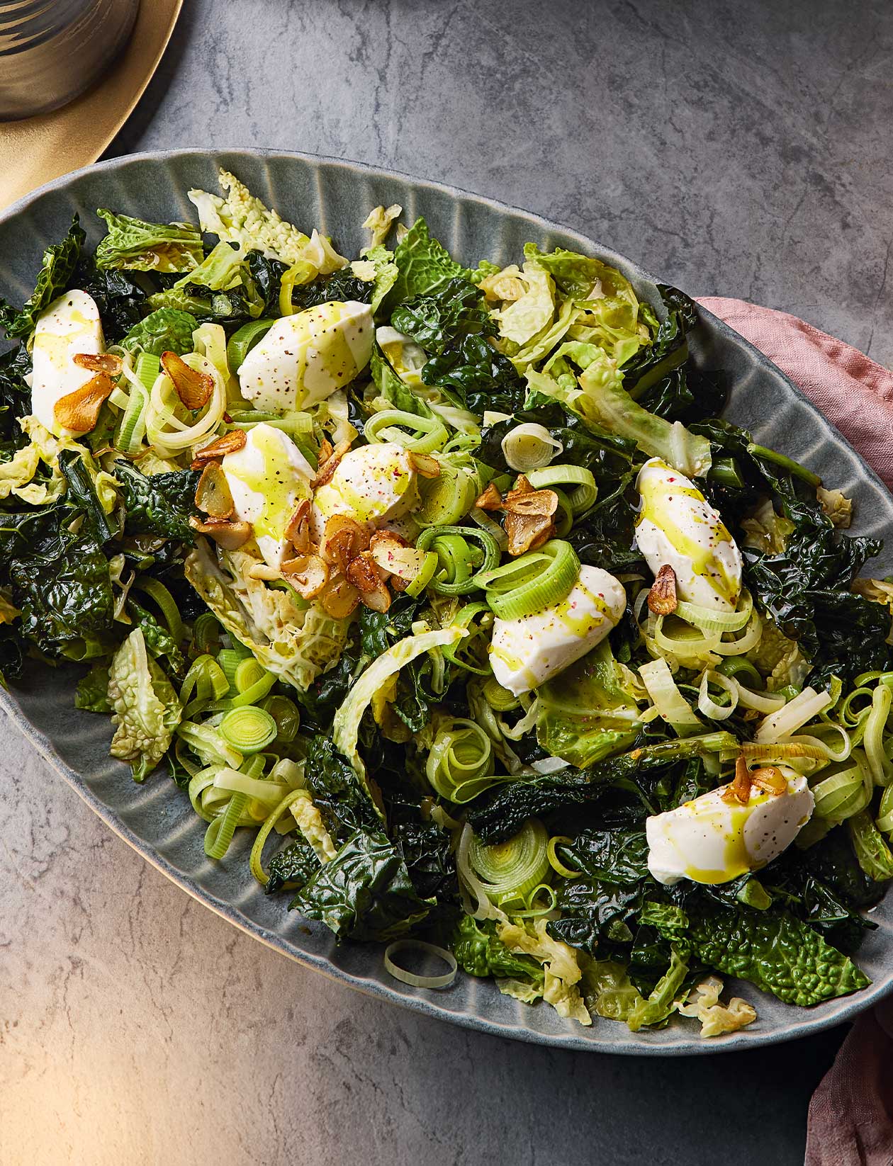 Winter greens medley with mascarpone and crispy garlic recipe | Sainsbury's Magazine