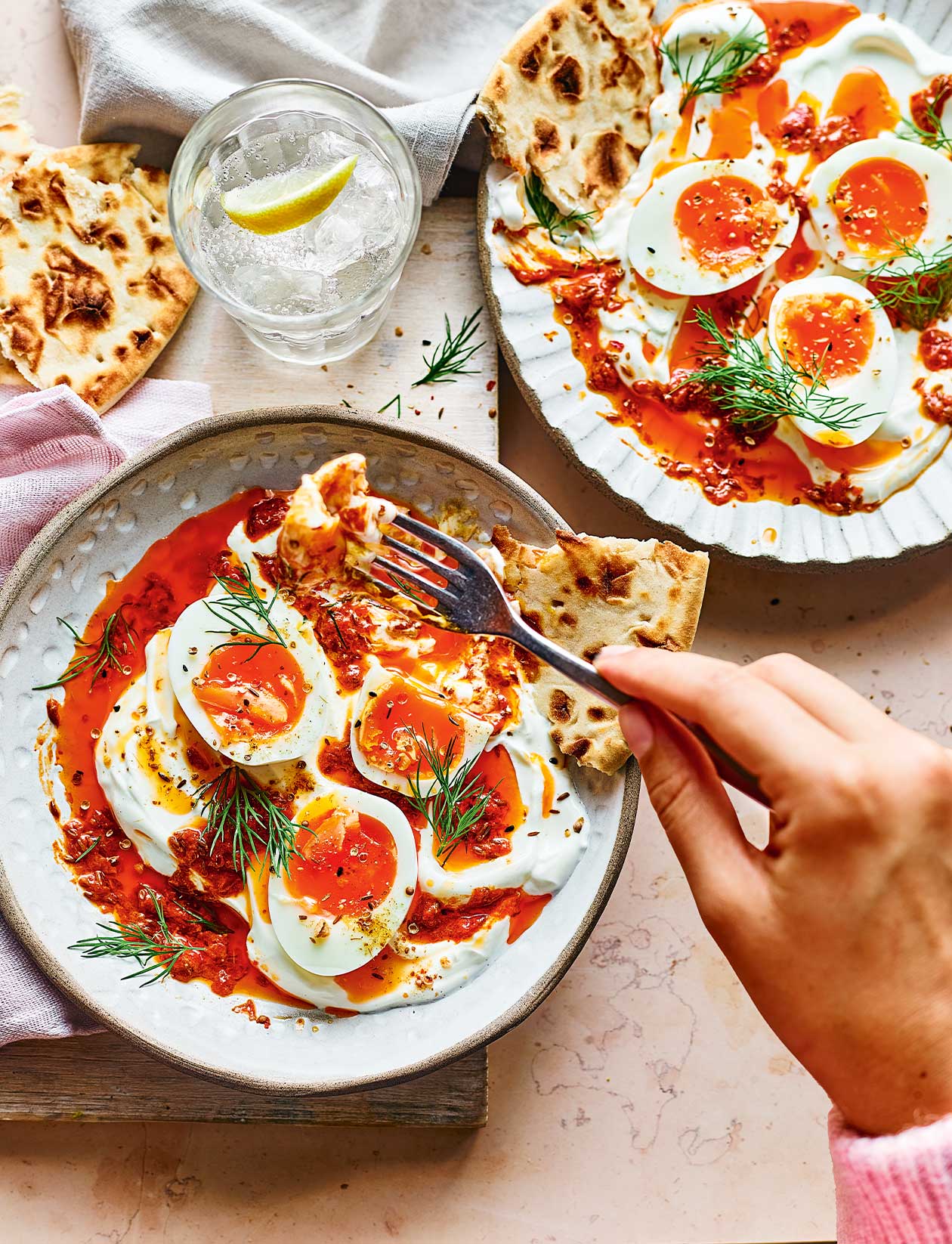 Soft-boiled eggs with Greek yoghurt and harissa butter recipe ...