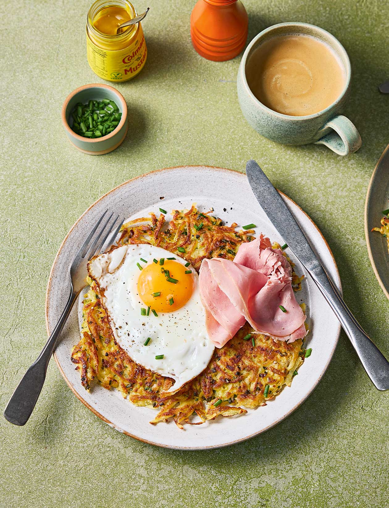 Deep Fried Rosti Rösti with ham and fried eggs recipe | Sainsbury`s Magazine