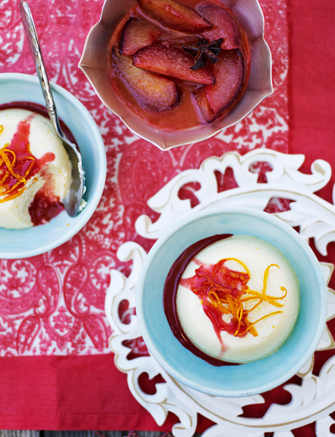 Buttermilk panna cottas with roasted star anise plums | Sainsbury`s Magazine