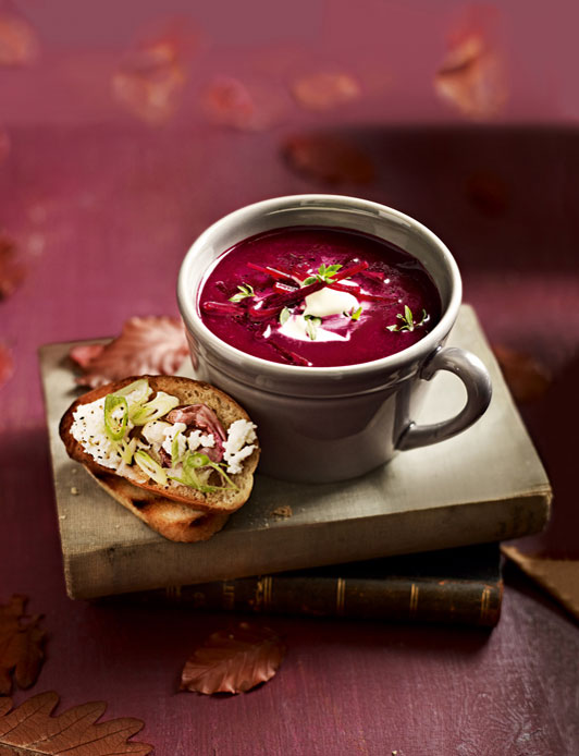 Beetroot soup with crème fraîche and feta toasts | Sainsbury`s Magazine