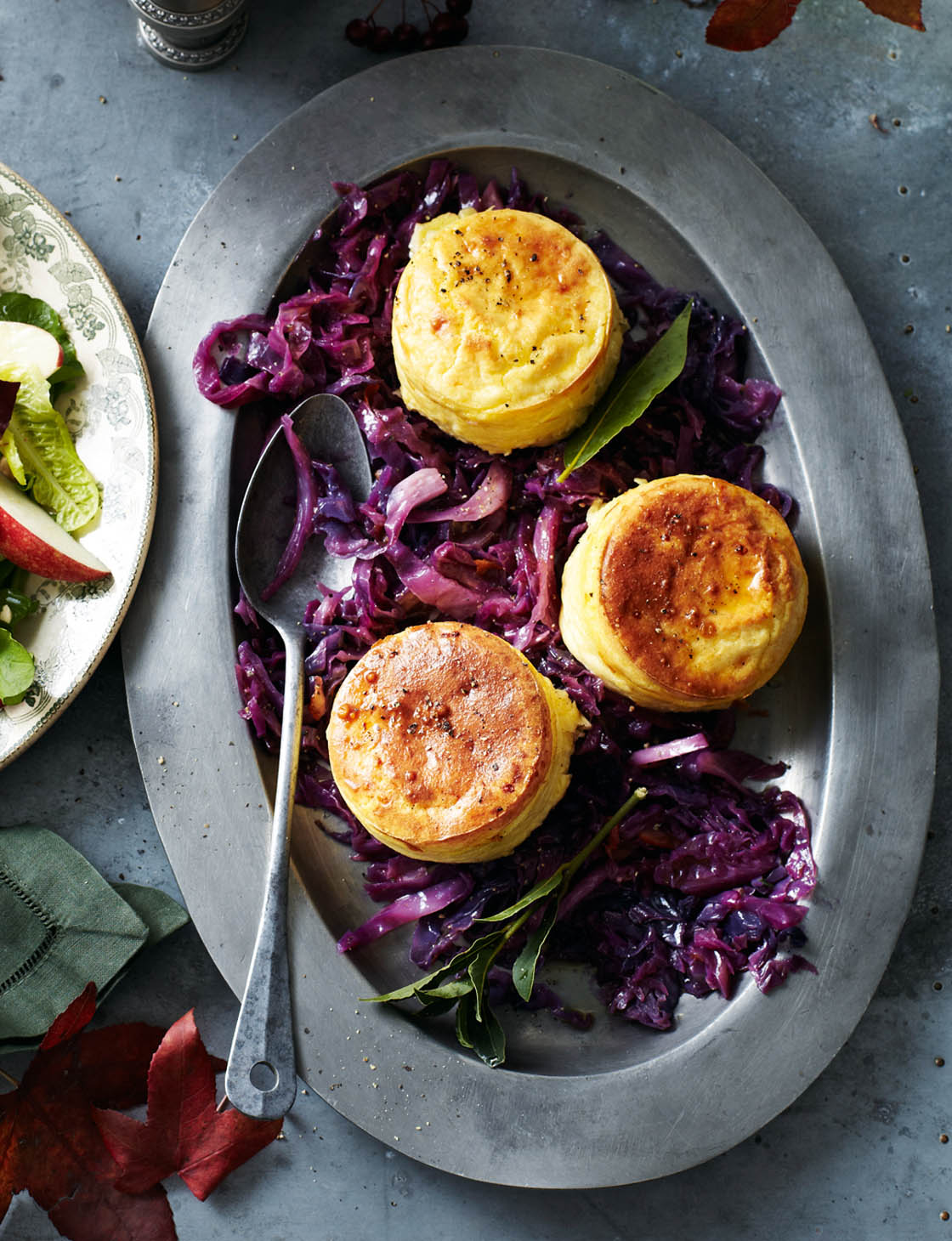 Double-baked cheese soufflés with marmalade-braised red cabbage | Sainsbury`s Magazine
