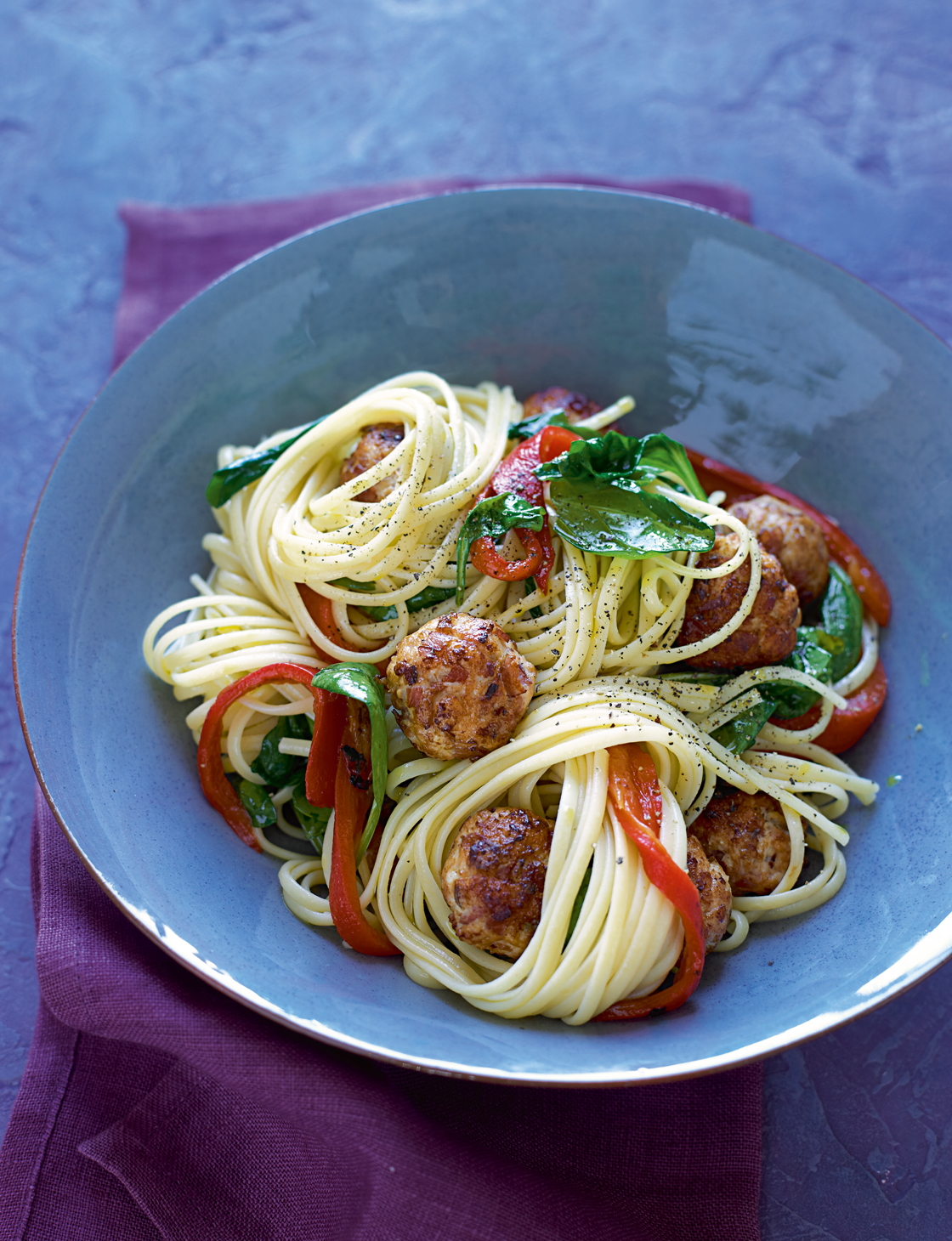 Linguine with turkey meatballs and roasted peppers | Sainsbury`s Magazine