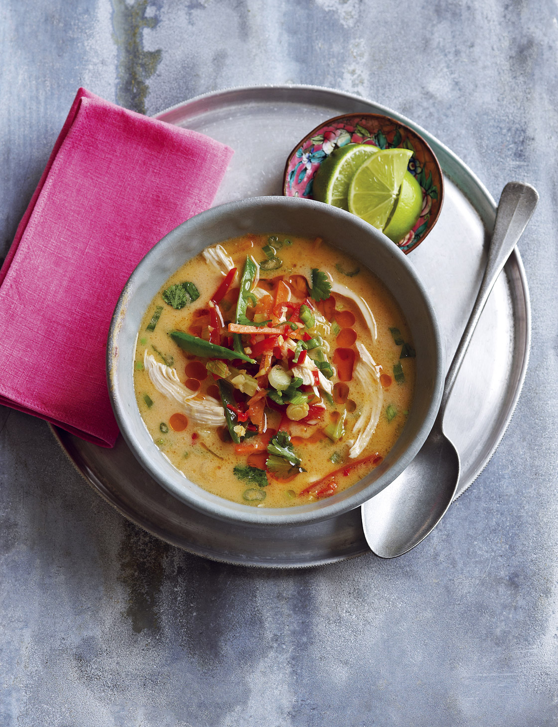 Gently spiced vegetable soup with chicken, coconut and ginger