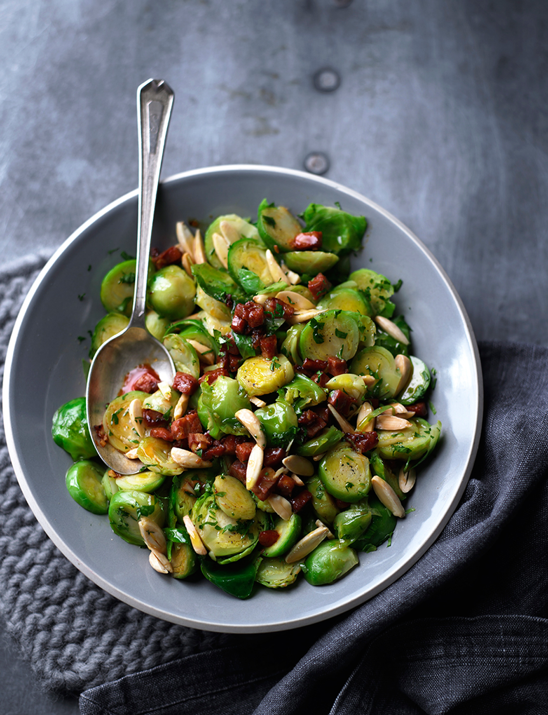 Brussels sprouts with almonds and chorizo | Sainsbury`s Magazine