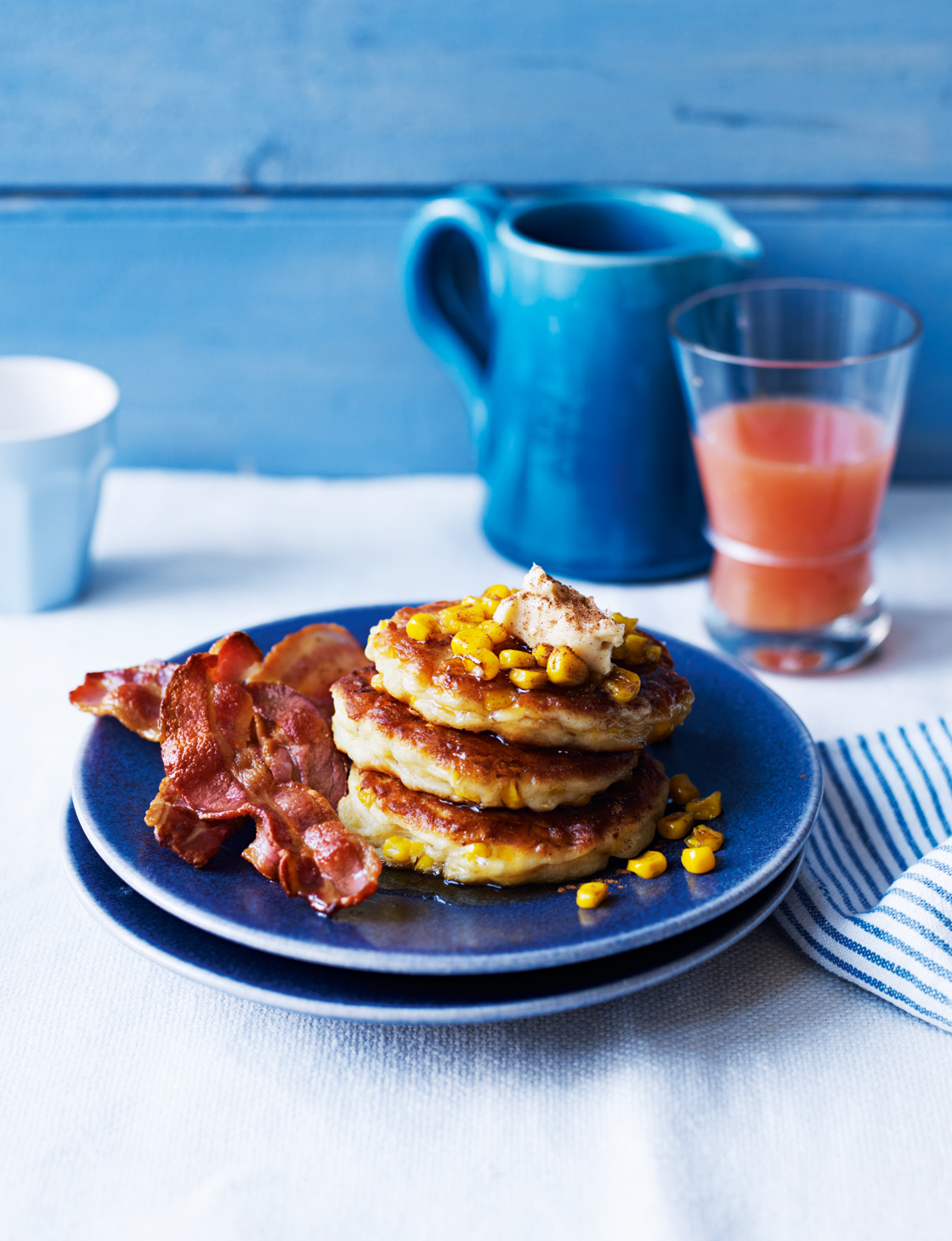 Sweetcorn ricotta pancakes with sweet crispy bacon | Sainsbury`s Magazine