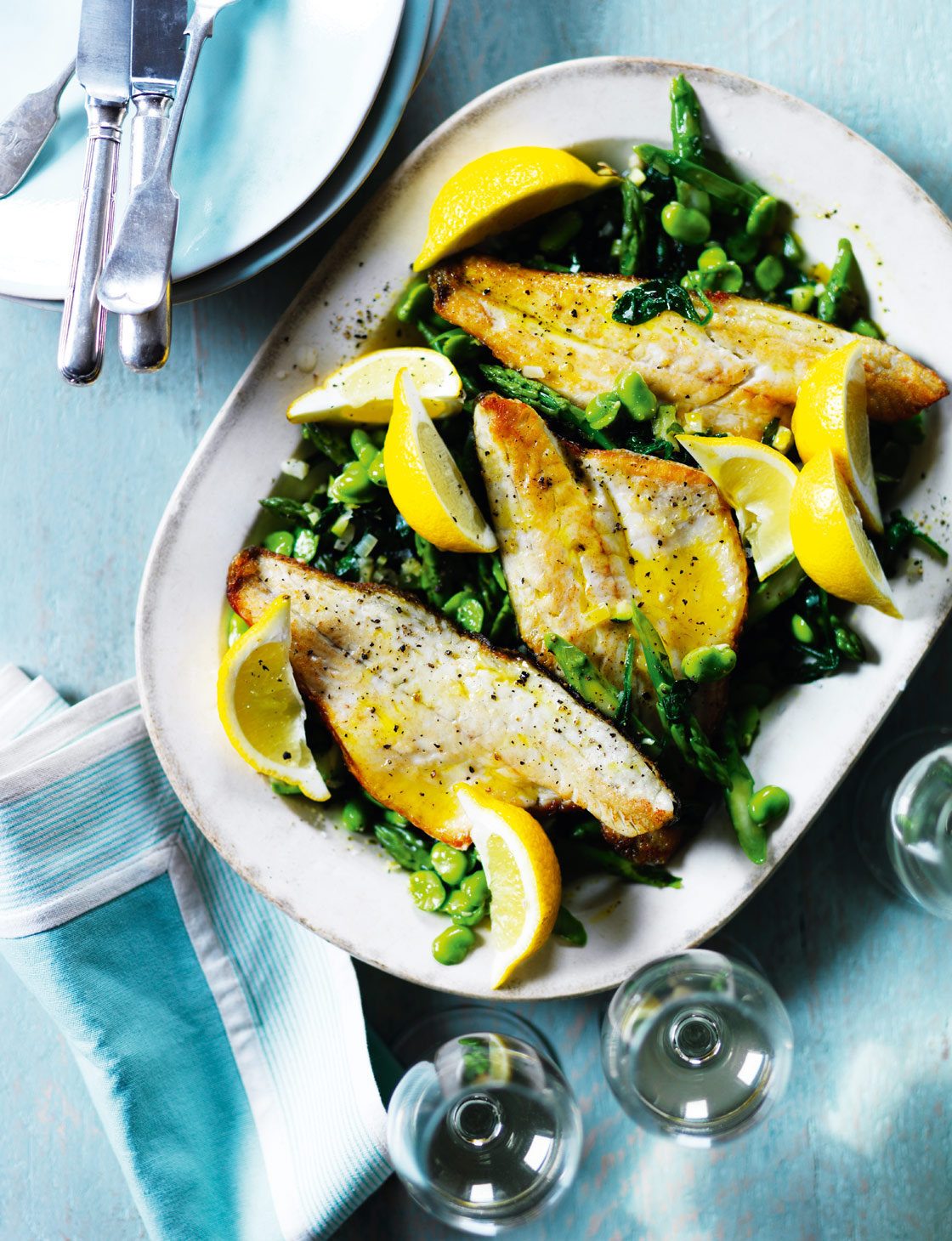 Sea bass with asparagus, broad beans and spinach | Sainsbury`s Magazine