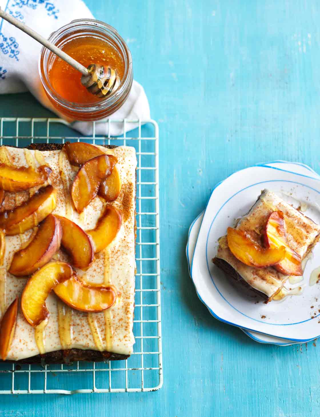 Honey & peach cake with honey crème fraîche icing | Sainsbury`s Magazine