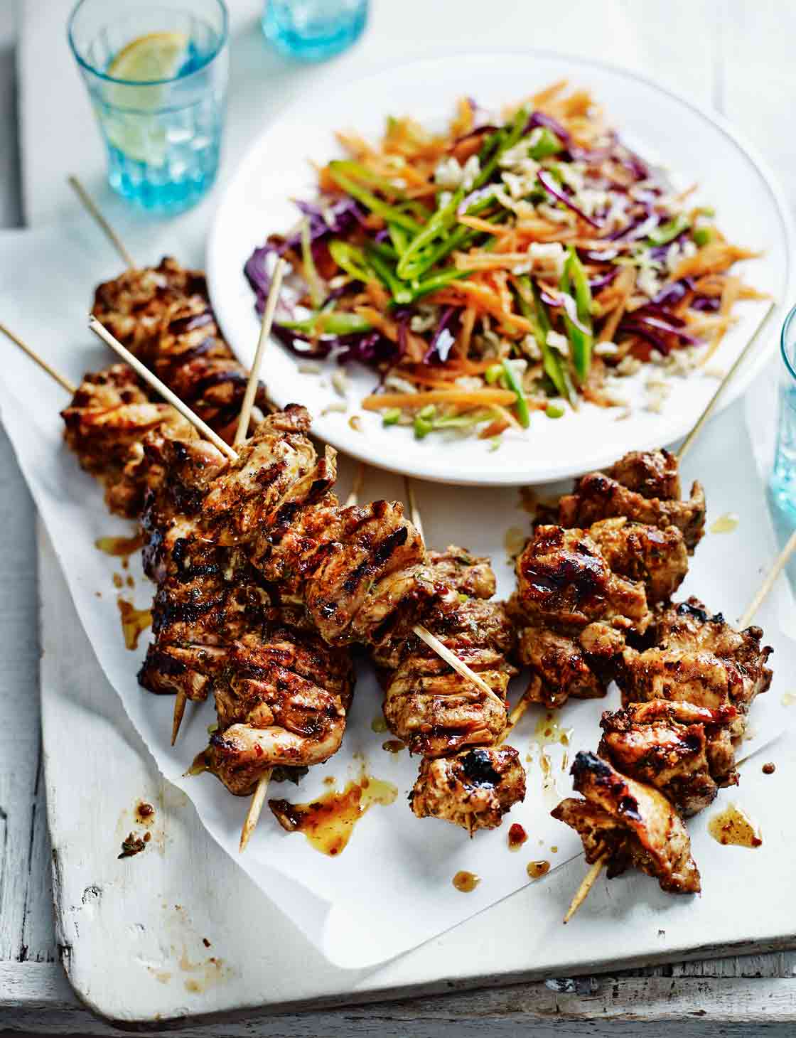 Spicy jerk chicken skewers with brown rice slaw Sainsbury`s Magazine