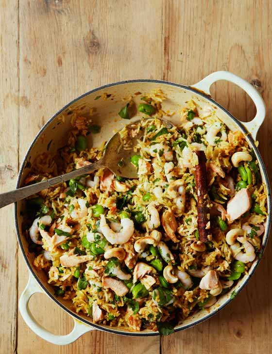 Salmon, prawn and broad bean pilaf | Sainsbury`s Magazine
