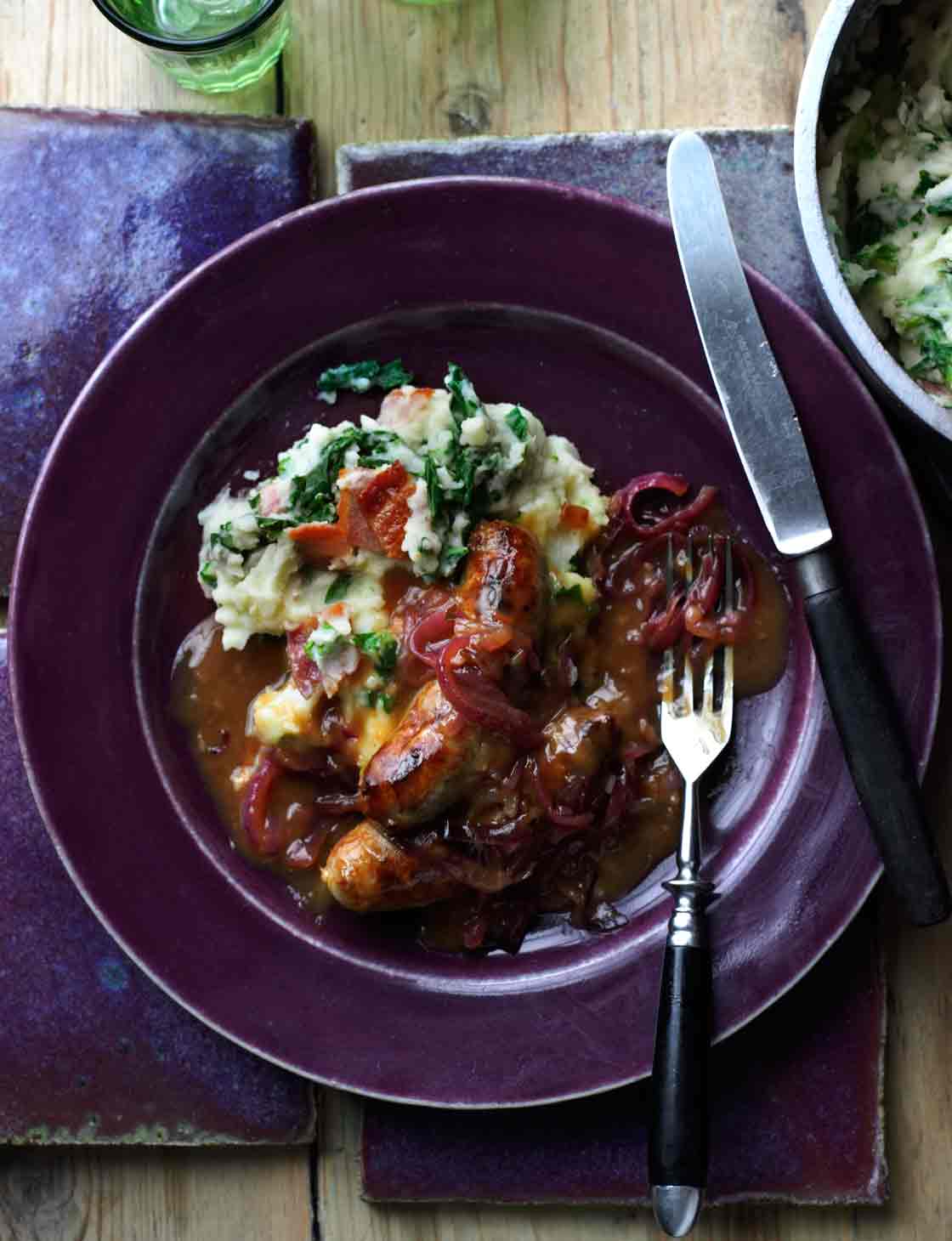 Red onion bangers with kale mash | Sainsbury`s Magazine