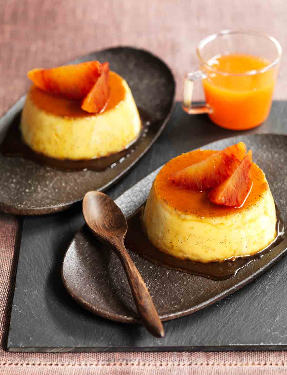 Blood orange and rosemary caramel puddings Sainsbury`s Magazine