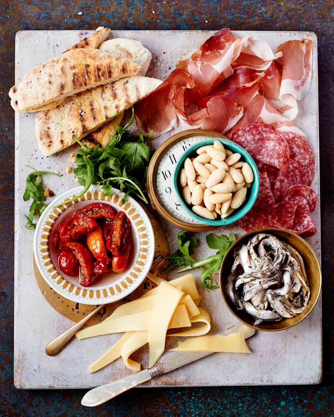 Delistyle antipasti platter with speedy homemade garlic flatbreads