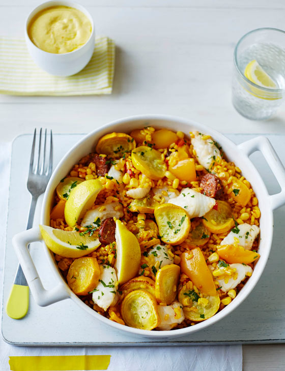 Monkfish, chorizo and vegetable paella with saffron aioli Sainsbury`s