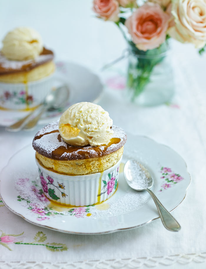 Easy passion fruit soufflés with lemon and passion fruit ice cream