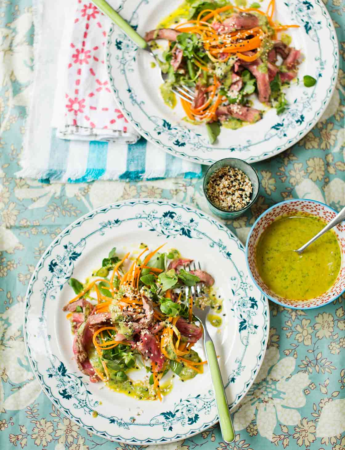 Seared beef salad with carrot noodles and tahini dressing | Sainsbury`s Magazine