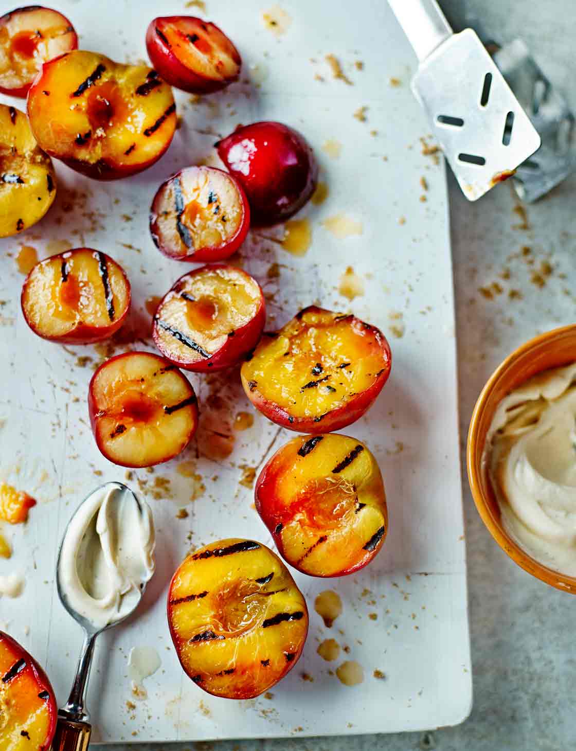 Grilled peaches, apricots and plums with nutmeg mascarpone | Sainsbury`s Magazine