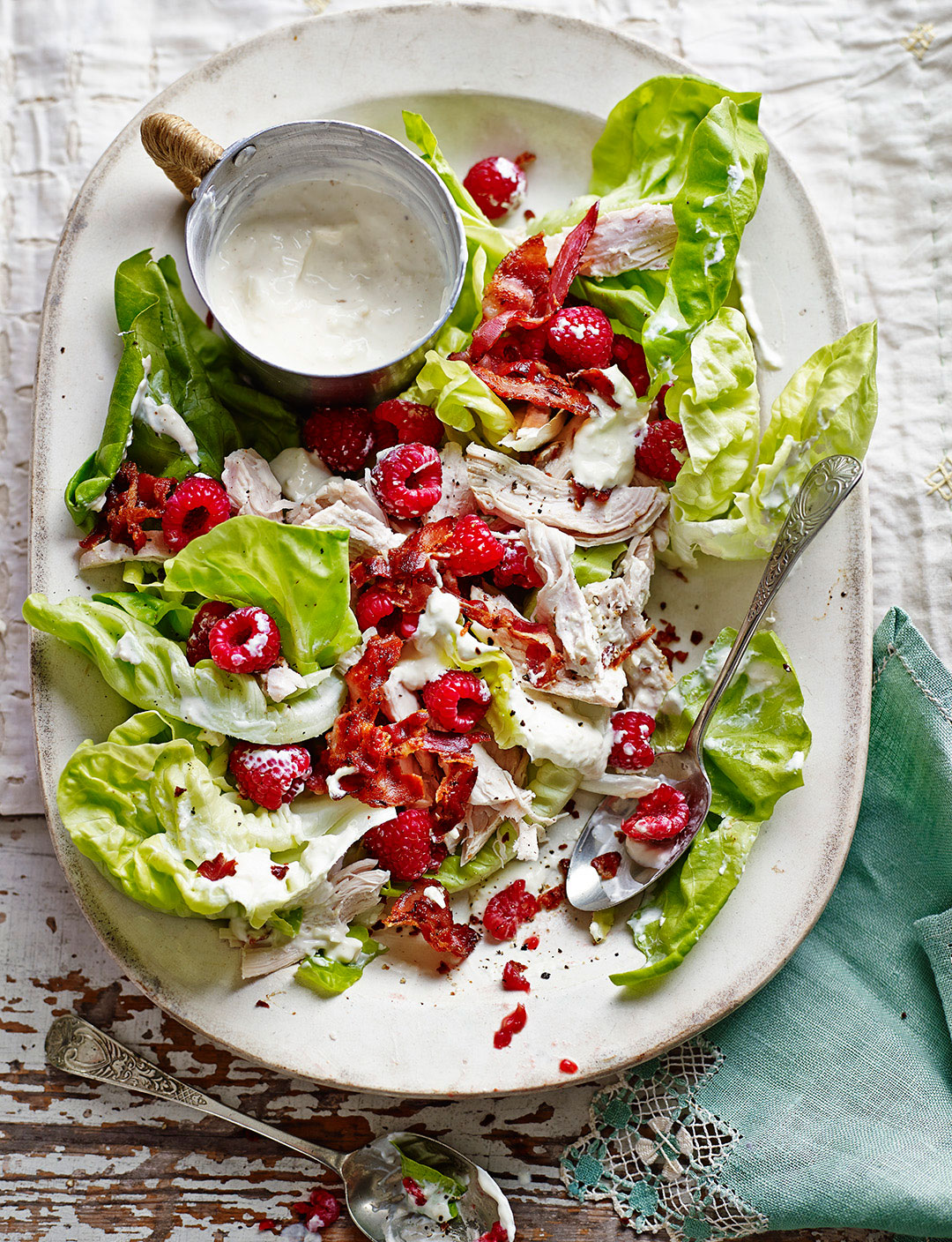 Chicken and pancetta salad with raspberries and mustard dressing