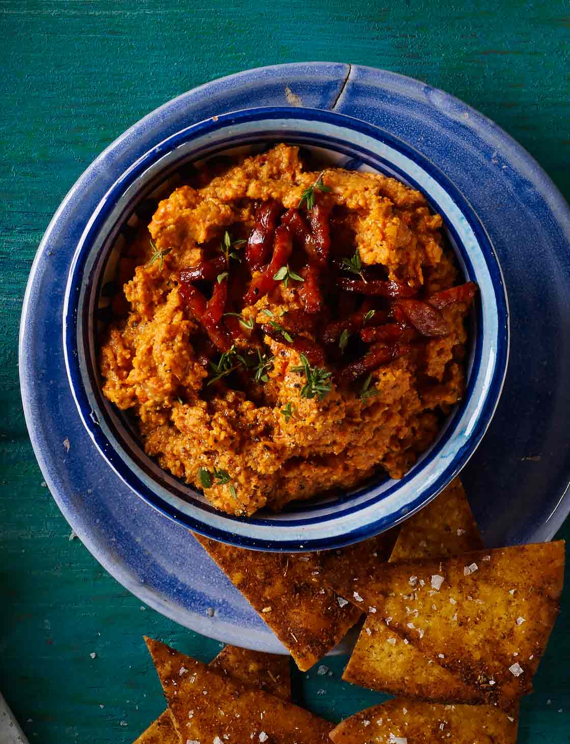 Roasted red pepper houmous with chorizo Sainsbury's Magazine