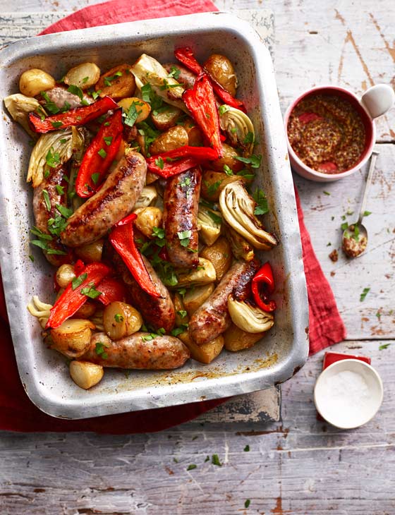 Sausage Fennel And Pepper Traybake Sainsbury S Magazine Sausage Fennel And Pepper Traybake Sainsbury S Magazine