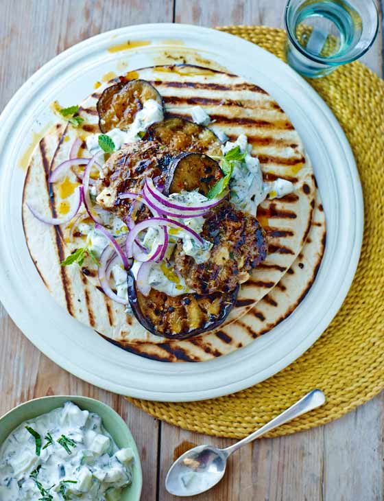 Smoky pork patty and aubergine wraps Sainsbury`s Magazine