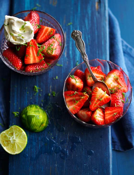 Lime and mint marinated strawberries with rum and coconut cream