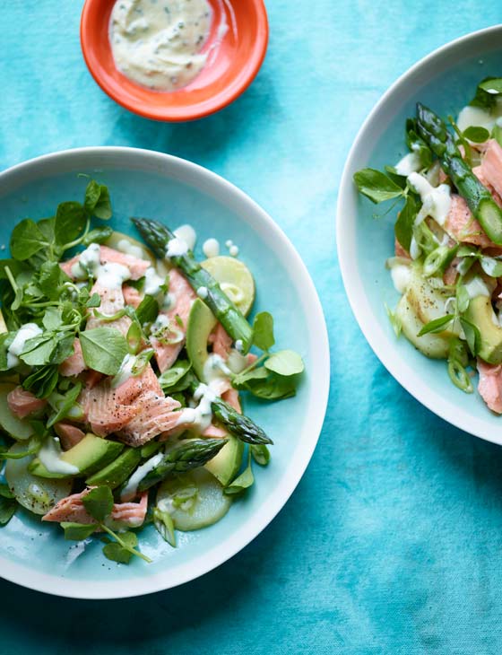 Hot smoked trout, new potato and pea shoot salad Sainsbury`s Magazine