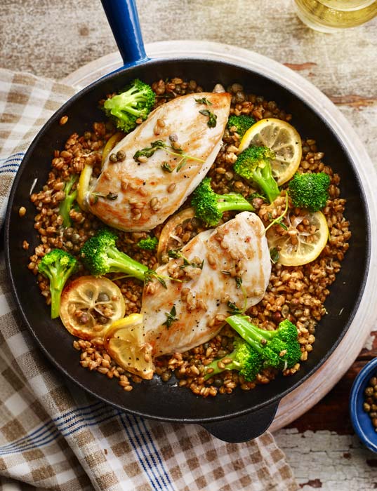 Lemony chicken with broccoli and spelt | Sainsbury`s Magazine