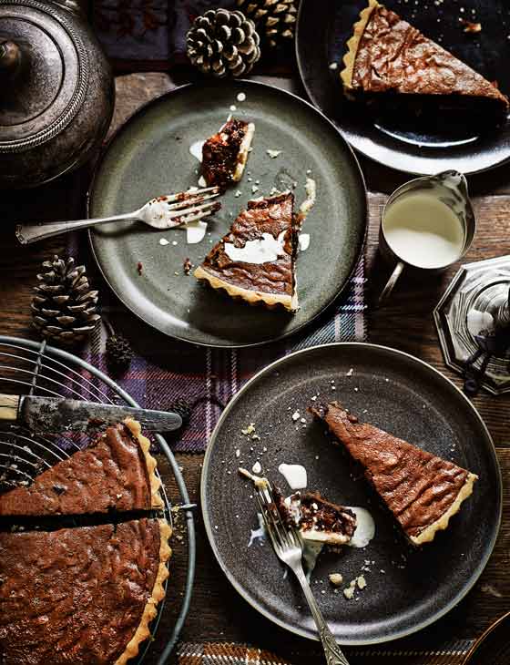 Boozy raisin, chocolate and walnut tart Sainsbury's Magazine