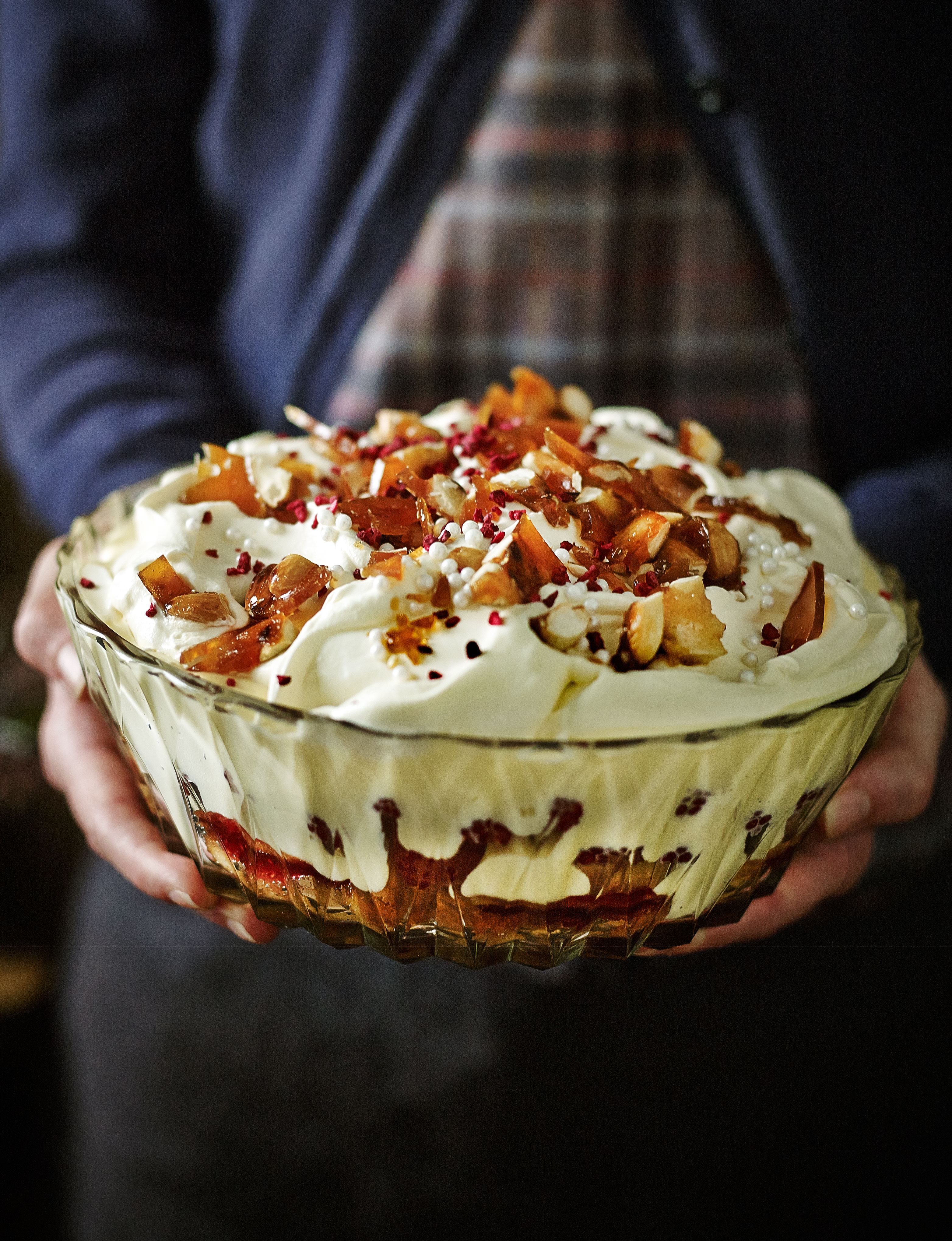 Raspberry and Amaretto trifle with salted caramelised almonds | Sainsbury`s Magazine