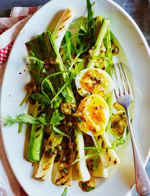 Grilled leek and egg salad with mustard and caper dressing | Sainsbury`s Magazine