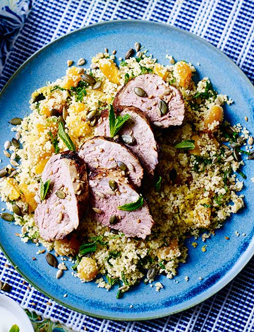 Cinnamonlemon pork with apricot couscous Sainsbury`s Magazine