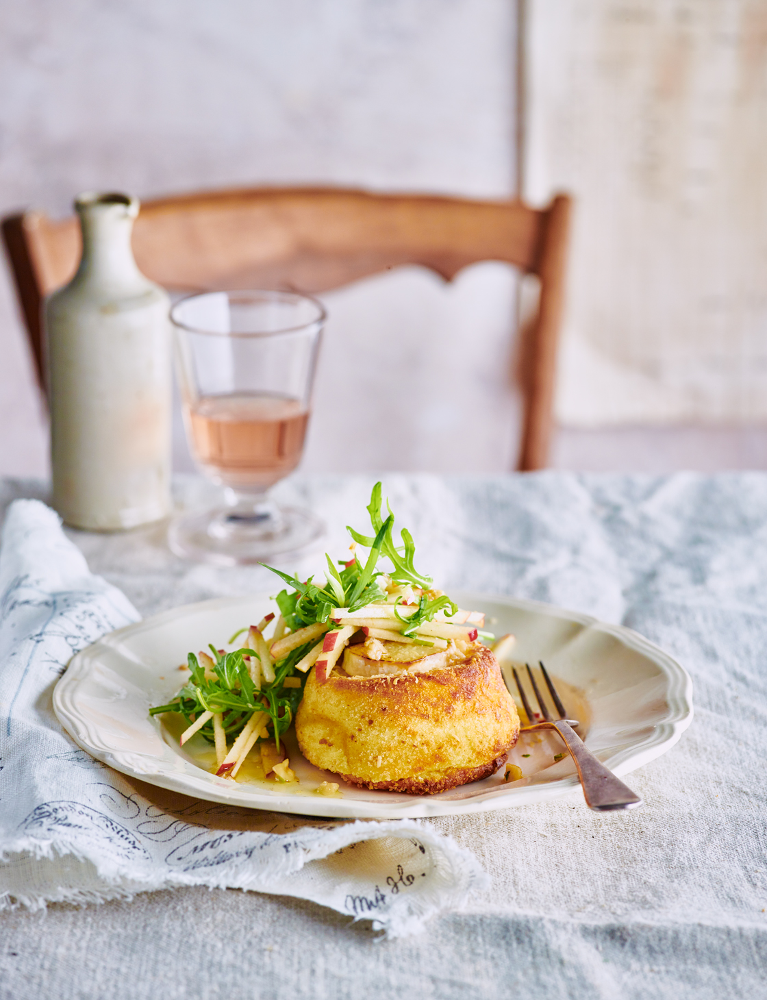 Twicecooked goats’ cheese soufflés with apple and walnut salad