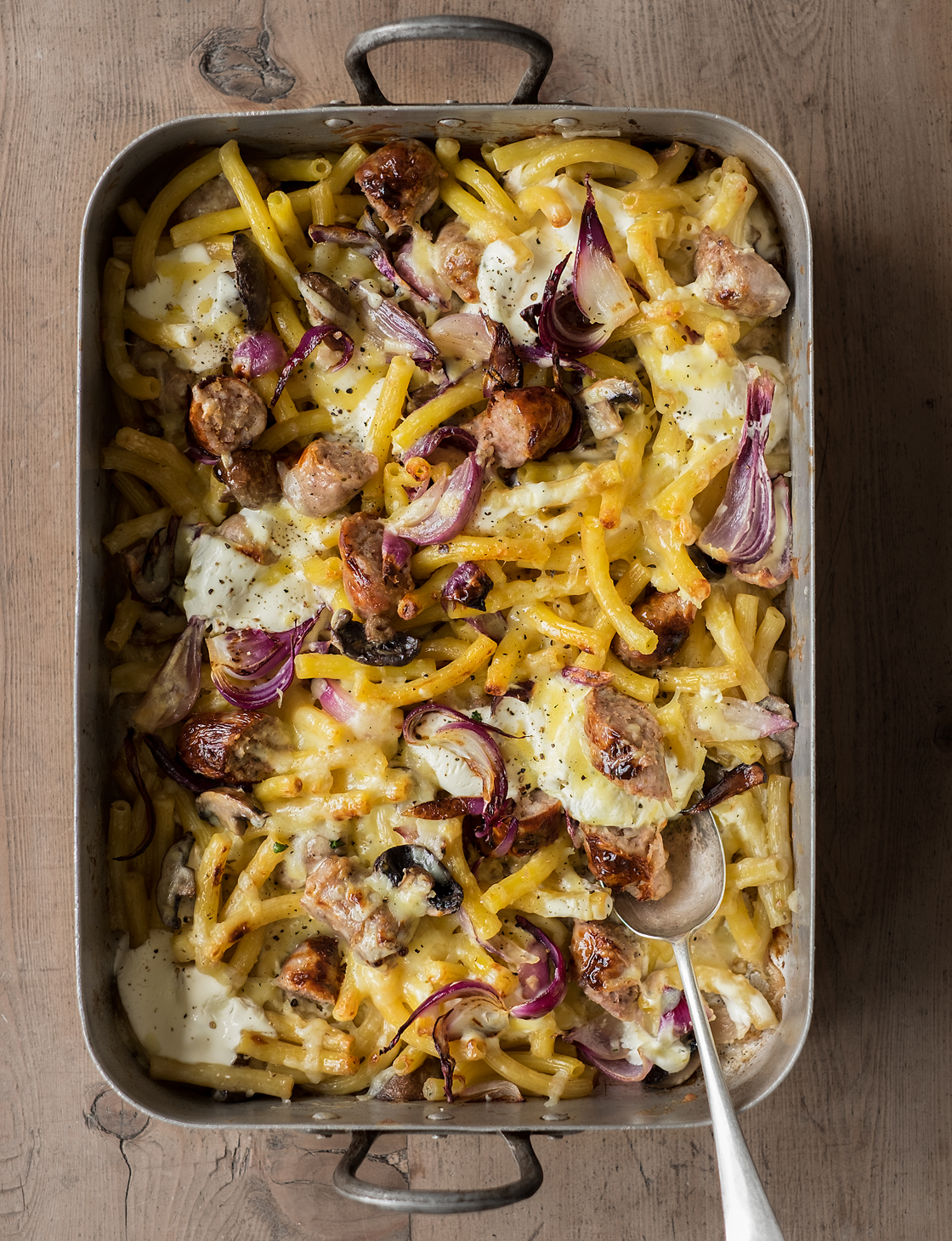 Sausage, cheddar and mushroom pasta bake | Sainsbury`s Magazine