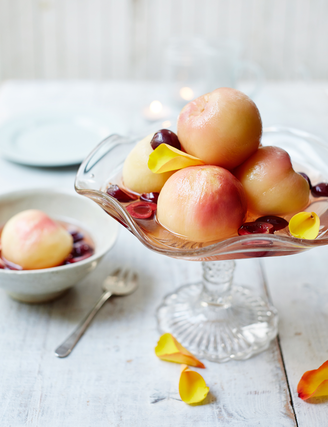 Poached nectarines in elderflower and lemon syrup Sainsbury`s Magazine